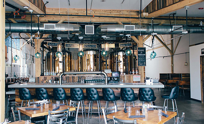 behind the counter at Immersion Brewery featuring towering beer tanks and a customer bar top